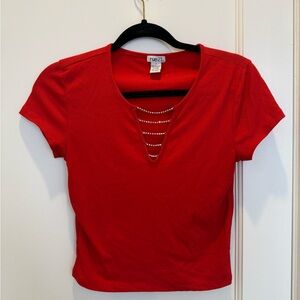 Red vneck top with sequins